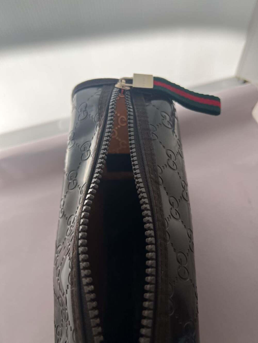 Gucci Parfums Cosmetic Bag Black Patent Leather GG Logo